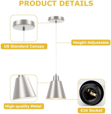 Brushed Nickel Pendant Light Kitchen Island, Hanging Kitchen Lights, 3-Pack - Image 5