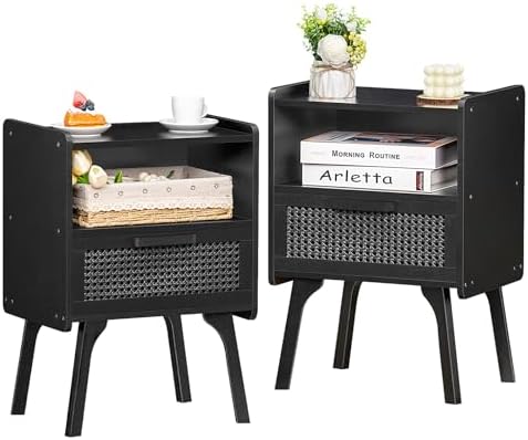 Lerliuo Rattan Nightstands Set of 2, Boho Side Table with Drawer Open Shelf by Lerliuo
