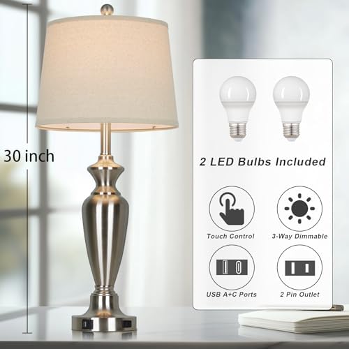 Cinyirong 30" Tall Silver Table Lamps Set of 2 for Living Room, 3-Way Dimmable Touch Control Bedside Lamps for Bedroom Nightstand with USB A+C Ports & AC Outlet (2 LED Bulbs Included) - Image 2