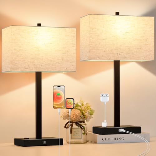 Lynnoland 21" Set of 2 Table lamp with USB A+C & AC Outlets, Touch Control 3-Way Dimmable Nightstand Lamps for Bedroom Living Room Office Reading, Linen Shade Touch Lamps, 3000K LED Bulbs Included by BringBrightnesstoYourLife