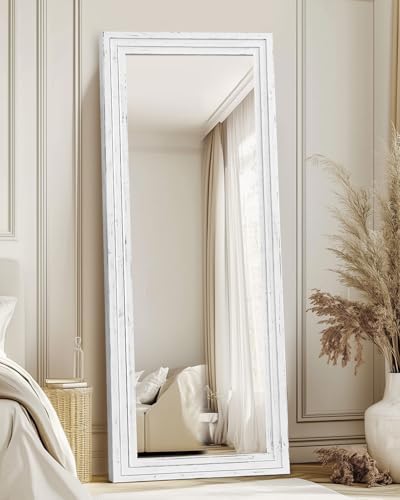 65x22in Full Length Mirror, 3-Tier Stepped Solid Wood Frame, White - Image 5