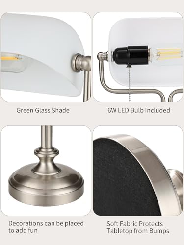 Traditional Banker's Desk Lamp with Glass Shade,Pull Chain Switch, LED Bulb Included (Satin Nickle+White) - Image 5