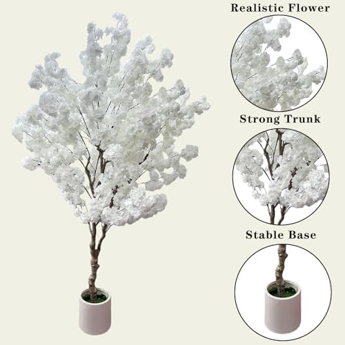 Cherry Blossom Tree 7ft, White Artificial Cherry Tree Fake White Tree for Wedding Party Home Living Room Decor - Image 2