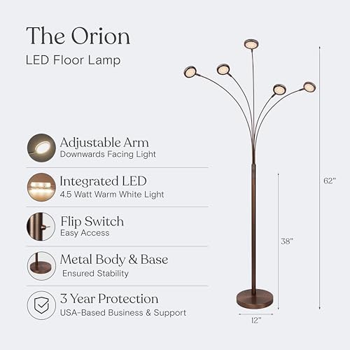 Brightech Orion Arc Floor Lamp for Living Room, Tree Floor Lamp with 5 Adjustable Arms, Multi-Head Standing Lamp with Flexible Rotating LED Lights for Bedroom, Dorm - Bright Hanging Lighting - Bronze - Image 3