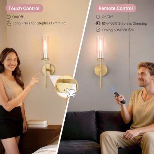 Shenmoyl Battery Operated Wall Sconces Set of 2, Gold Rechargeable Wall Lighting Fixtures, Dimmable Wall Lights with Remote & Pink Glass Shade for Living Room, Bathroom,Bedroom - Image 5