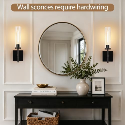 Hardwired Wall Sconces, Black Bathroom Sconces Wall Lighting with Clear Glass, Modern Sconces Wall Decor Set of 2 Bathroom Light fixtures for Mirror Hallway - Image 5