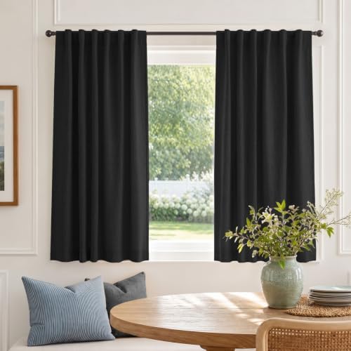 Linen Textured Total Blackout Curtains for Bedroom 63 Inches Long, Black - Image 6