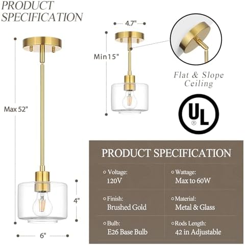 Brushed Gold Pendant Lights Kitchen Island, 1-Light Modern Clear Glass Hanging Light Fixtures with Rods, Mini Kitchen Pendant Lighting Over Island for Sink Bathroom, OS-YQ8153-1PBGC - Image 3