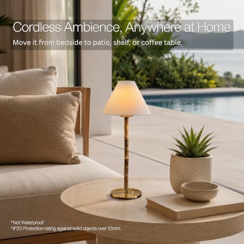 Bamboo Cordless LED Table Lamp – Rechargeable 24-Hour Battery, Dimmable Warm Light, Portable Wireless Lamp with Remote for Indoor/Outdoor Use, Home, Patio, Restaurant – (WHITE LINEN), 14.95" Tall - Image 6