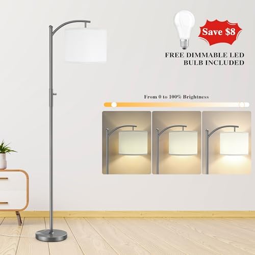 ROTTOGOON Dimmable Floor Lamp, Arc Floor Lamps for Living Room, Stepless Dimming Modern Standing Lamp with Linen Shade, Tall Lamp for Bedroom Office Dining Room- Grey - Image 3