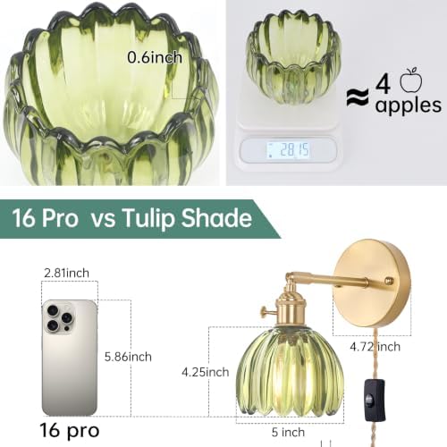 Shenmoyl Plug in Wall Sconce, Green Tulip Glass Lampshade Wall Light Plugin Corded for Bedside Bedroom Doorway - Image 3