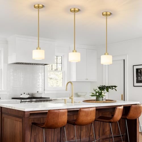 Milk Glass Pendant Lights Kitchen Island, 1-Light Modern Brushed Gold Hanging Light Fixtures with Rods, Mini Kitchen Pendant Lighting Over Island for Sink Bathroom, OS-YQ8153-1PBG - Image 5