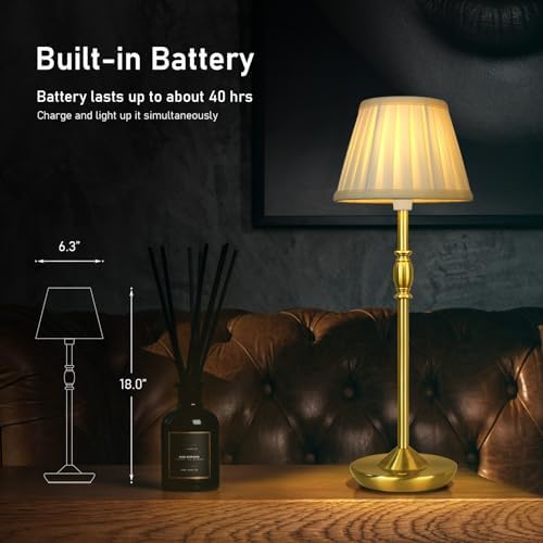 Cordless LED Touch Lamp with Dimmer Portable Small Table Lamp, 18" 2700K Rechargeable Battery Light for Bedside, Dining Room, Bedroom Lamp, Patio, Bar, Night Light, Bathroom (Antique Brass) - Image 3