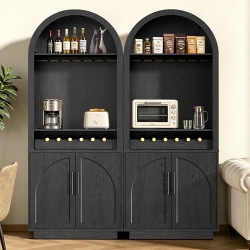 Fatmok Modular Coffee Bar with LED Lighting,Charging Station,Arched Wooden Buffet Sideboard,Modern Liquor&Wine Display Storage Cabinet for Living Room,Black Grey(FC,2-Piece) - Image 4