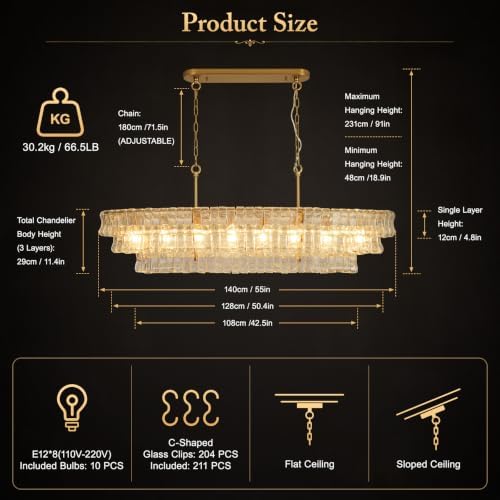 Large Rectangular Chandelier for Dining Room, Kitchen Island & Dining Table, Modern Luxury Brass Glass Pendant Light Fixture - Image 4