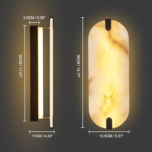 14.17in Alabaster Wall Sconces, Natural Marble Wall Light, Modern LED Alabaster Sconces for Living Room Indoor Wall Lamps for Dining Room Stairs Bedroom,Black - Image 6