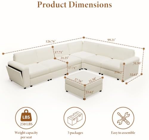 Vesgantti Modular 6-Seater Chenille L Shaped Sectional Sofa, Beige - Image 2