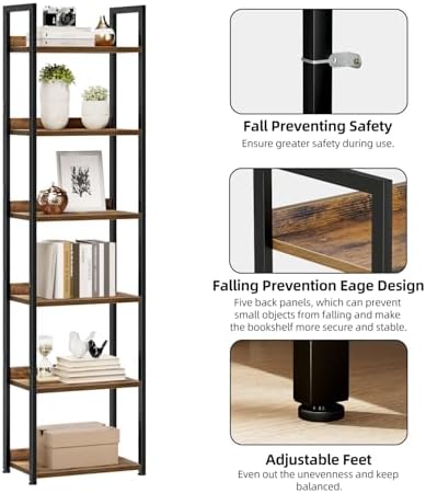 NUMENN Narrow Bookshelf, 6 Tier Freestanding Shelving Unit, Vintage - Image 5