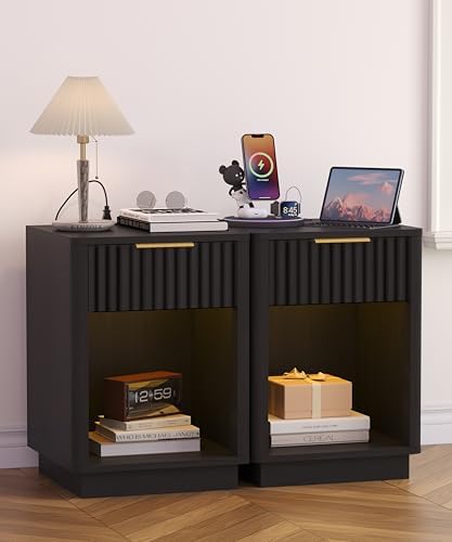 Akxomel Fluted Nightstand Set 2 Bedside Table with Charging Station Black - Image 2