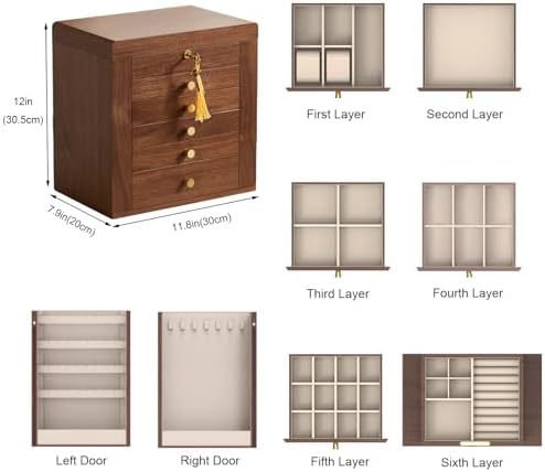CHOSIN Black Walnut Wooden Jewelry Box for Women with Lock, Mirror, 6 Layer - Image 3