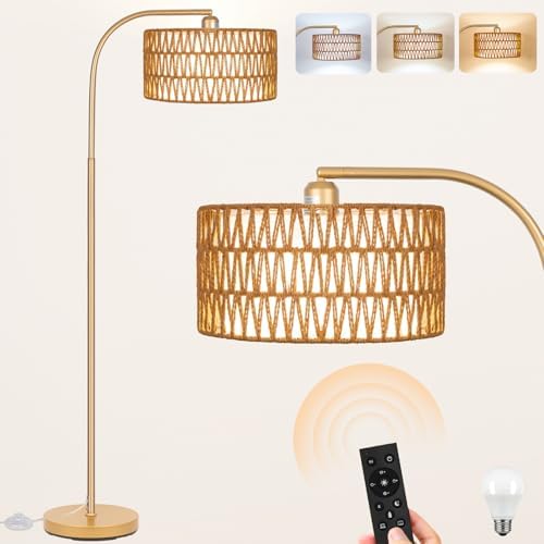 Gold Floor Lamps, Boho Floor Lamp for Room,Farmhouse Rattan Standing Lamps by Brilvibera