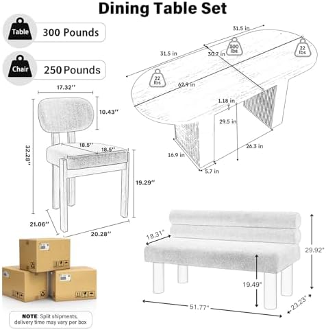 6-Piece Mid-Century Oval Dining Table Set with Bench, 63" Oak Table with Fluted Double Pedestal Base + Beige Fabric Upholstered Chairs & Gray Boucle Bench for Small Dining Nook - Image 3