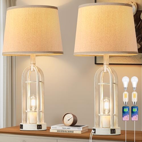 SRJJA 24" Farmhouse Table Lamps for Living Room Bedroom Set of 2, USB A+C by SRJJA