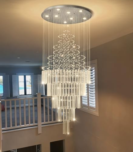 HAIXIANG W24 x H78 Crystal Glam Chandelier Long Light Chandeliers with Dimmable Light Bulbs High Ceiling Light Fixtures for Foyer Entryway Living Room Stair Silver - Image 5