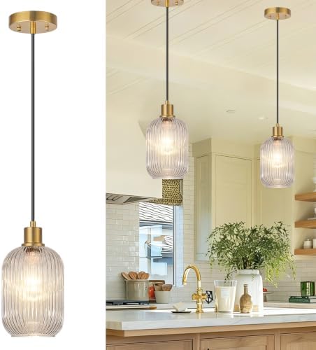 2 Pack Pendant Lights with Vintage Clear Ribbed Glass Lampshade, Adjustable Brushed Gold Pendant Lights Fixtures for Kitchen Island Lighting Sink, Dining & Living Room Hallway (Bulbs Not Included) by BringBrightnesstoYourLife