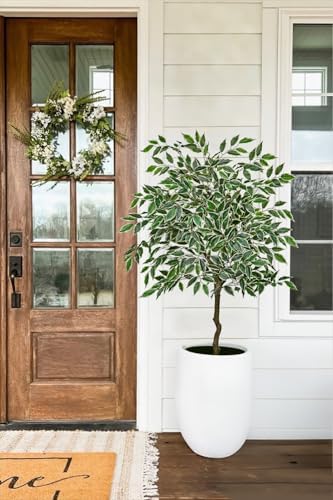4Ft Ficus Tree Artificial Plants Indoor with Realistic Trunk, Tall Fake Potted Tree Faux Floor Plant, Artificial Tree in Pot for Home Living Room Office Bedroom Corner Decor(Green White) - Image 5