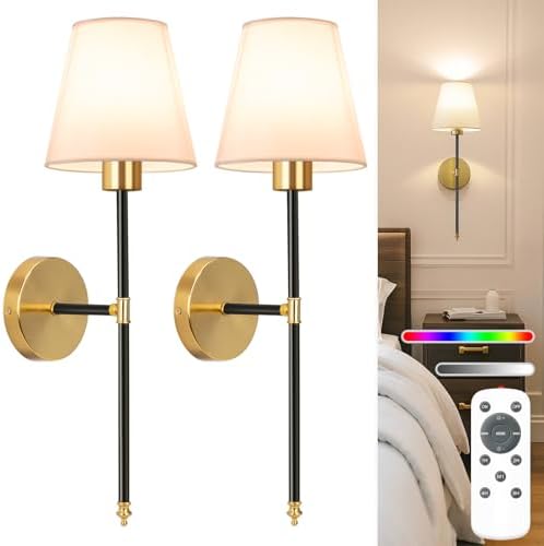 NIORSUN 19.9 inch Battery Operated Wall Sconce Set of 2,Black-Gold Rechargeable Wall Lights with 10400mAh Dimmable Detachable Bulbs and Remote, Wireless Sconces for Bedroom Living Room Hallway by NIORSUN