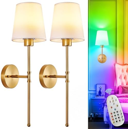 Depuley Battery Operated Wall Sconce: Set of 2 Wireless Wall Lights with 10000mAh Dimmable Bulbs and Remote for Bedroom - Rechargeable 15 Colors Gold Wall Lamp for Living Room Hallway by Depuley