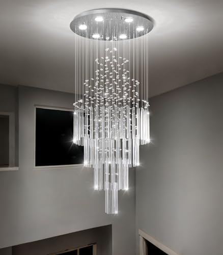 HAIXIANG W20 x H40 Crystal Glam Chandelier Long Light Chandeliers with Dimmable Light Bulbs High Ceiling Light Fixtures for Foyer Entryway Living Room Stair Silver by HAIXIANG