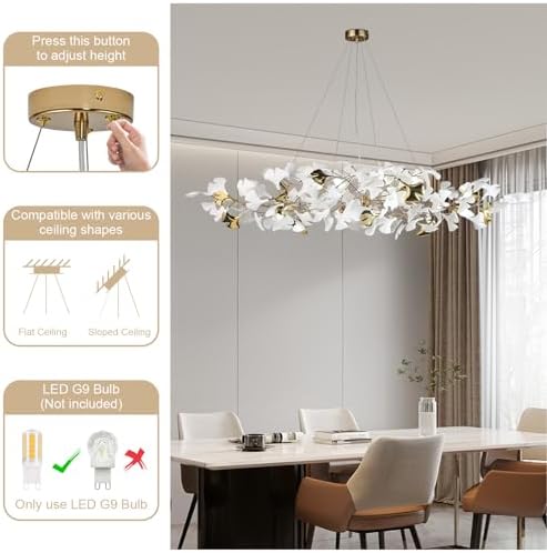 59 Inch White Rectangle Chandelier Gold Ceramic Ginkgo Leaf Chandeliers Brass Large Chandelier Modern Hanging Lights Fixture for Living Room Dining Room Kitchen Island,10-Light - Image 5