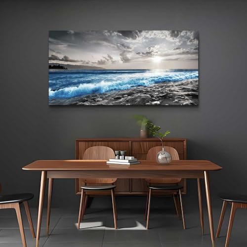 Hyidecorart Framed Canvas Wall Art - Large Size Decor for Office, Living Room, Bedroom - Blue Ocean, Black & White Modern Pictures - Image 3