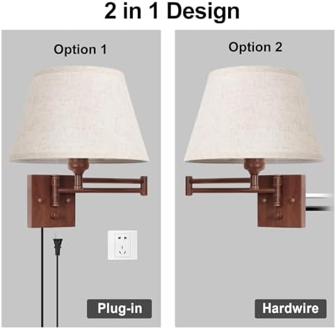 TRLIFE Dimmable Wall Sconce Plug in, Wall Sconces Set of Two Swing Arm Wall Lights with Plug in Cord and On/Off Dimmer Rotary Switch, 11.8" Large Beige Fabric Shade(2 Pack, Walnut Color) - Image 5