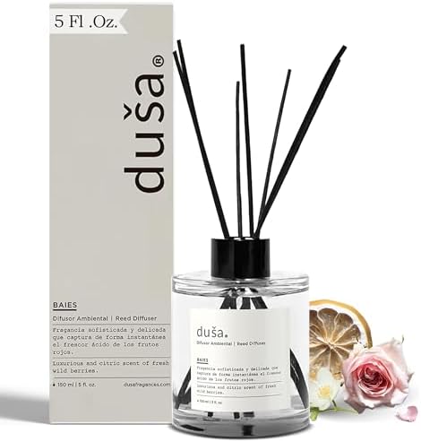 Duša Baies Scented Reed Diffuser & Sticks – 5 Fl Oz Essential Home Fragrance for Bathroom, Office & Living Spaces –Stylish & Long-Lasting Room Air Freshener –Ideal for Housewarming & Special Occasions by Du%C5%A1a