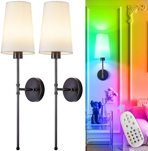 Depuley Battery Operated Wall Sconce: 27" Set of 2 Wireless Wall Lights with Remote for Bedroom - Rechargeable 15 Colors Black Wall Lamp for Living Room Hallway Decor by Depuley