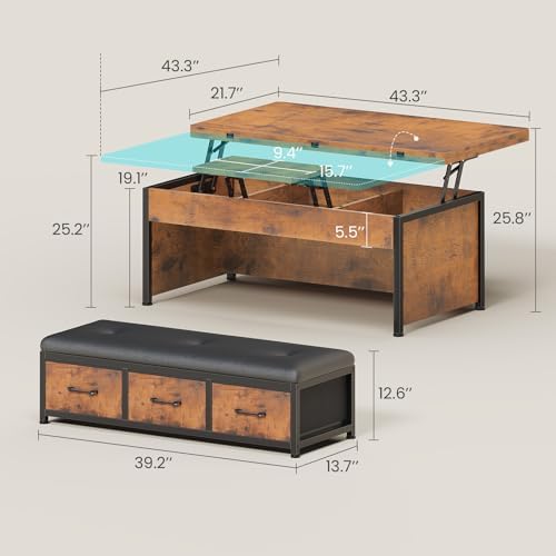Itaar Lift Top Coffee Table Set, 43'' Multi-Function Coffee Table with Storage Drawers and Hidden Compartment, Center Table with Ottoman Bench for Living Room, Rustic Brown - Image 2