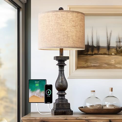 BOBOMOMO Retro 27" USB Charging Ports A/C Farmhouse Single Lamps for Bedrooms Retro Side Table Lamps Bedside Lamp for Side Nightstand Living Room 1 Pack (Blubs not Included) by BOBOMOMO