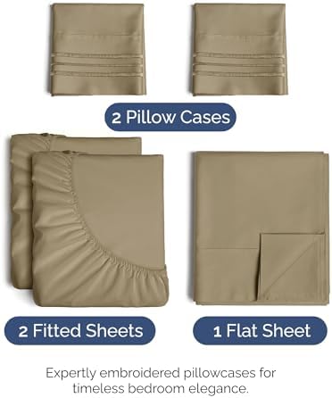 Split King Size 5 Piece Sheet Set - Breathable & Cooling Sheets - Khaki - Image 2