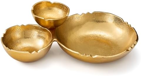 3 Cluster Decorative Bowls Bright Gold Brass Snack Tray Bowl Chip & Dip Serving Piece Strong Centerpiece Beautiful Room Accent & Entertaining Parties Home Decor Wedding Gifts 14.6 Inch Decorative Gift by Gute