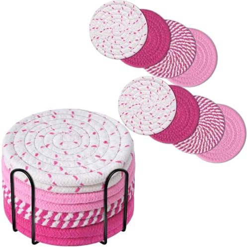 Drink Coasters 8 Pack with Holder, 4-Color Cotton Woven Absorbent Coasters Set, Minimalist 4.3in Cup Mat for Home Decor, Dining Table, Living Room, Tabletop-Protection for Coffee Beverage-Pink by Brillirare