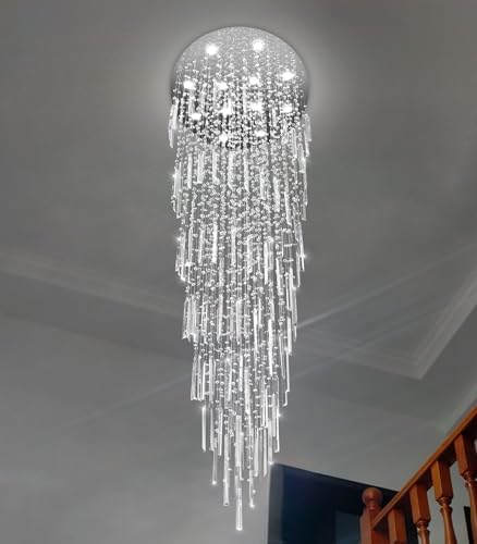 D32'' x H100'' Modern Crystal Chandelier High Ceiling Chandeliers for Entryway Glam Chandelier Large Raindrop Chandeliers LED Dimmable Light Fixtures for Staircaes Foyer Hallway Living Room Silver - Image 5