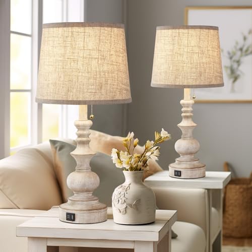 Drawealth Table Lamps for Bedrooms Set of 2 Farmhouse Bedside Lamps for Nightstand with USB Charging Ports Traditional Side Table Lamps for Living Room Wooden Finish, Pull Chain, Bulbs Not Included - Image 2