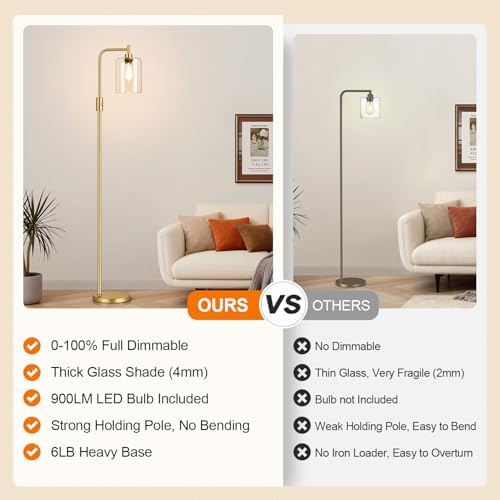 【Upgraded】 Dimmable Floor Lamp for Living Room with Clear Glass Lampshade, Gold Modern Glass Floor Lamp with 900LM LED Bulb Included, Arc Standing Tall Lamp for Bedroom, Office, Reading Room, Corner - Image 2