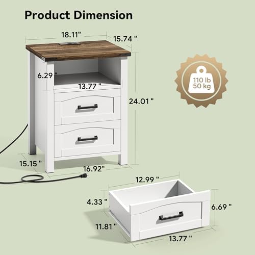 Decofy Farmhouse Nightstand with Charging Station, 2 Drawers - Image 2