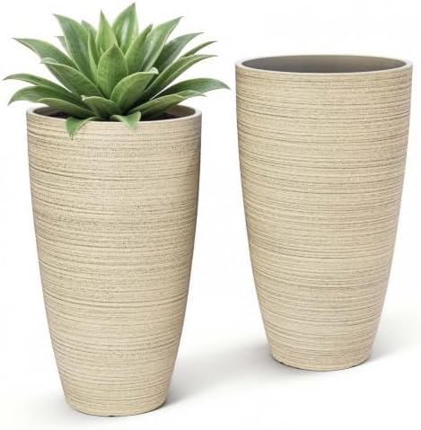 ZMTECH 2-Pack Large Tall Planters with Saucer - 6.8 Gallons /12x21 Inch Faux Stone Finish Round Flower Pots for Indoor Plants, Outdoor Patio & Porch Decor, Unbreakable Plant Containers Beige by HighQualityGardeningTools