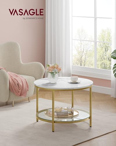 VASAGLE Round Coffee Table, 2-Tier, Faux Marble Top, Glass Storage Shelf - Image 2