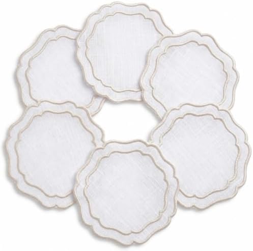 Linen Coasters for Drinks, Set of 6, 6 inch, White-Taupe by EmbroideryLinenVN